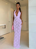 YESMYTOOL  -  Lace Perspective Deep V Party Sexy Dresses Backless Halter Bodycon Elegant Long Dress Women 2024 Summer Dress Vestidos