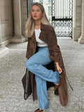 YESMYTOOL  -  Female Retro Jacket Elegant Brown Belted Waist Long Coat Double Breasted High Street Autumn Fashion Full Sleeve Outwear