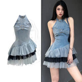 YESMYTOOL  -  Halter Neck Denim Elegant Dresses For Women Summer 2024 New Evening Waist Mesh Short Dress Luxury Fashion Party Women’s Dresses