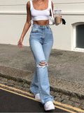 YESMYTOOL  -  Blue Ripped Jeans for Women 2024 High Waisted Elastic Vintage Streetwear y2k Wide Leg Jean Pants Flared Korean Style