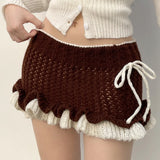 YESMYTOOL  -  y2k Aesthetic Brown Knitted Mini Skirt Bodycon Ruffles Tie Up Cute Women's Skirt Ruched Hottie Vintage Cloth Bottoms