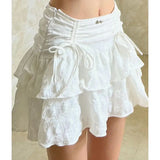 YESMYTOOL  - Fairycore Ruffle Women Mini Skirt White Lace Sweet Kawaii Short Skirts Coquette Layered Pleated Korean Fashion Skirt