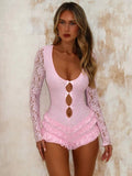 YESMYTOOL  -  Lace Spliced Sexy Slim Bodysuits For Women Hollow See Through Fashion Low Collar Hot Girl Party Club One Piece Bodysuits