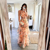 YESMYTOOL  -  Spring Printed Hollow Boho Long Dress Women Elegant Tunic Mesh Lace Cake Party Dress Summer Halter Sleeveless Holiday Maxi Dress