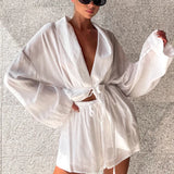 YESMYTOOL  -  2024 Fashion Loose White 2 Piece Club Outfits Summer Lace Up Sexy Two Piece Set Women Vacation Beach Cover Up and Shorts Set