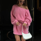 YESMYTOOL  -  Faux Mink Pullover Sweater Female V-neck Reversible Autumn Winter Lanter Sleeve Loose Midi  Knitted Sweater Solid Elegant