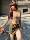 YESMYTOOL  -   Vintage Leopard Mini Denim Skirt Women American Streetwear High Waist Zip Up Slim Sexy Wash Jeans Skirt Summer Gyaru